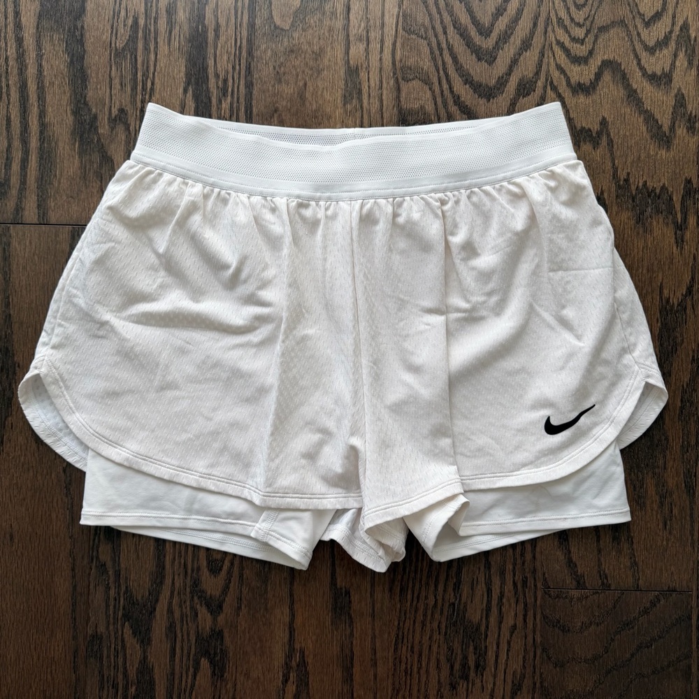 Nike Cream & White Layered Athletic Shorts with Black Swoosh